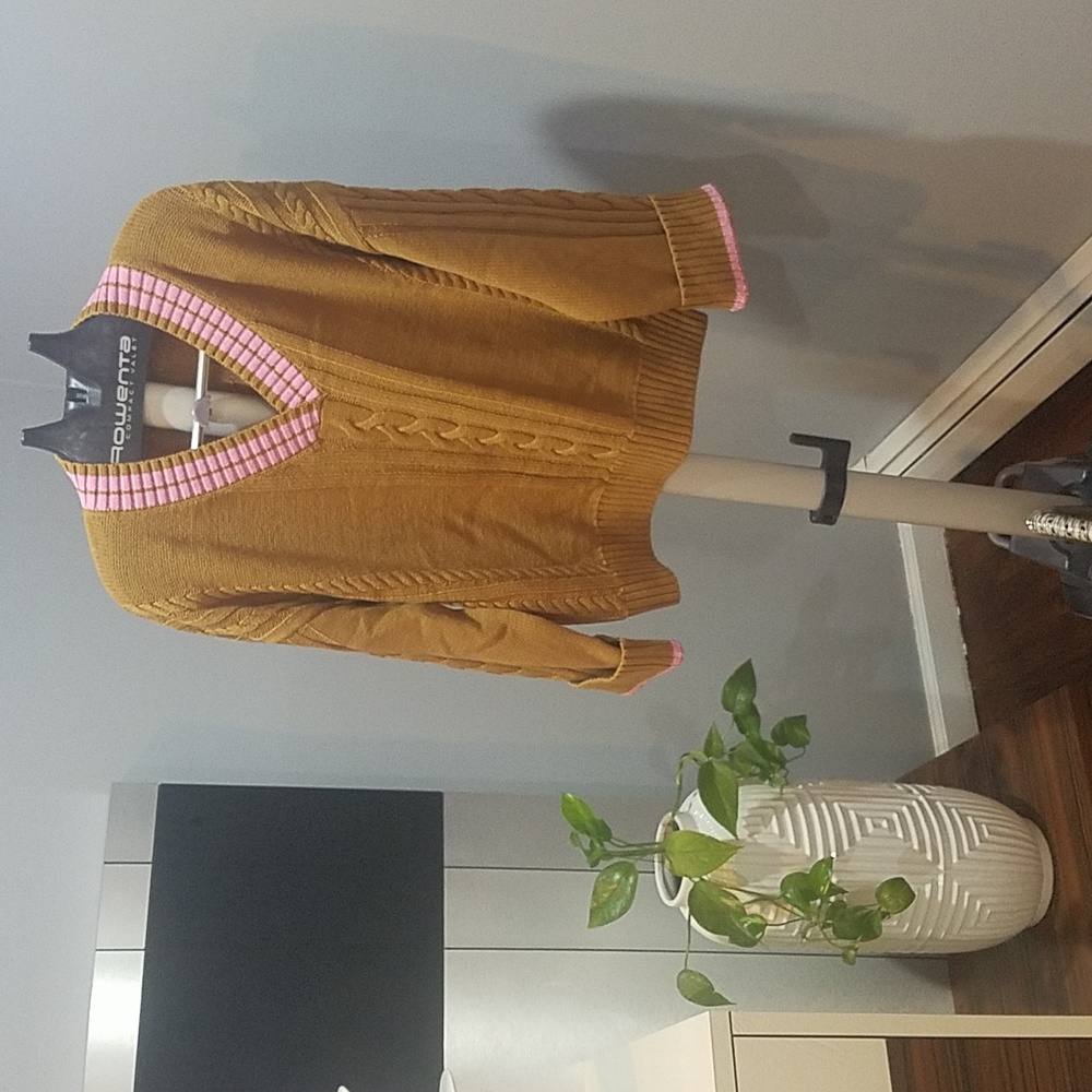 BearPaw Mustard Brown Cable Knit V-Neck Sweater with Pink Trim